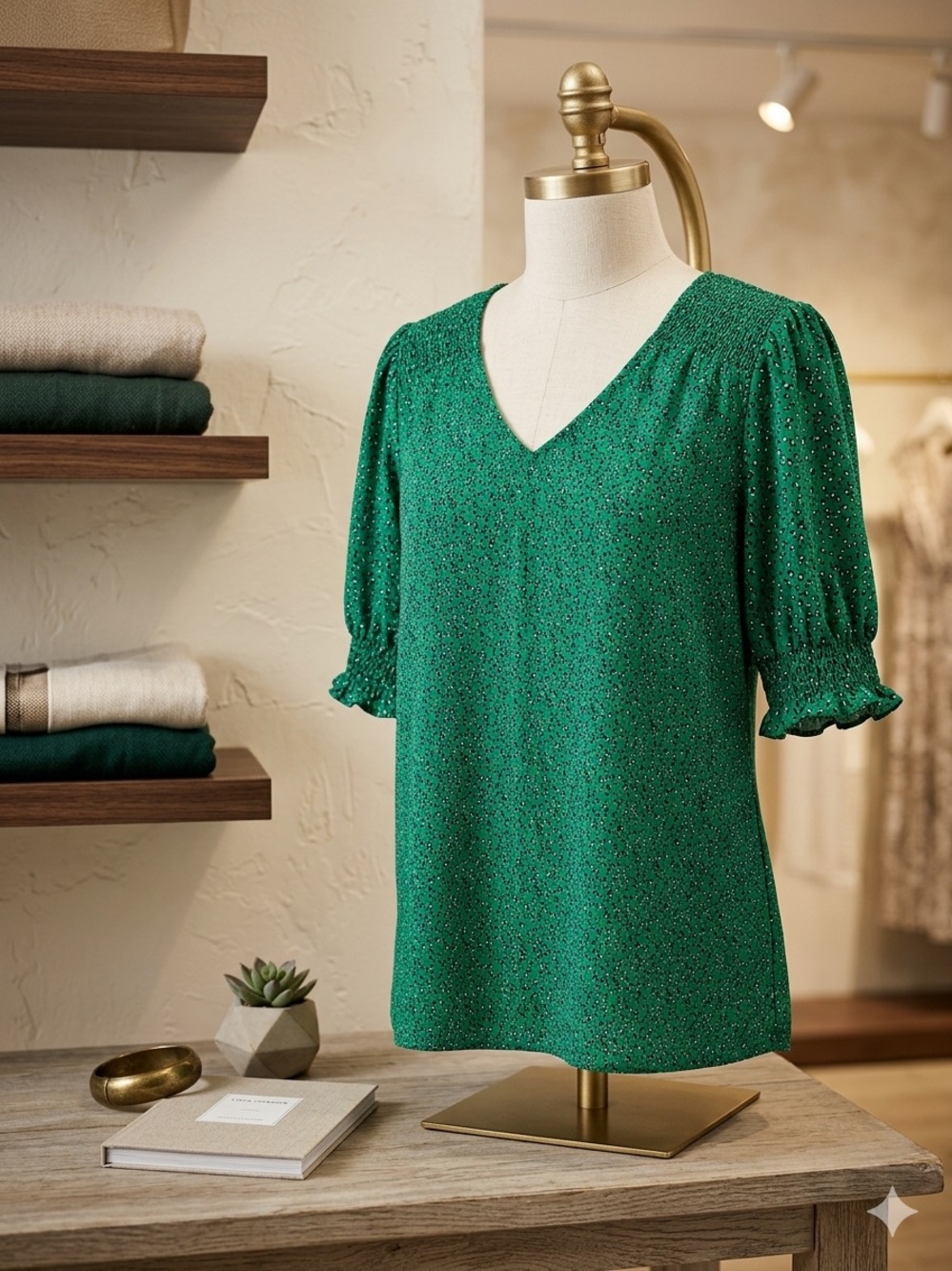 Adrianna Papell Emerald Green V-Neck Puff Sleeve Blouse